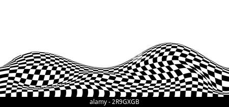 Wavy checkered background. black and white curved warped chessboard floor pattern. Trippy undulate squares texture surface. Landscape terrain concept. Vector optical illusion wallpaper. Stock Vector