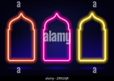 Ramadan islamic frame. Vector neon arch shape on dark background. Muslim door and window. Arabian bright template set. Stock Vector
