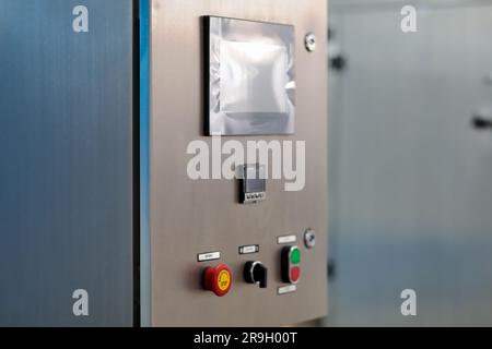 Electronic industrial control panel enclosure close up. Selective focus. Stock Photo