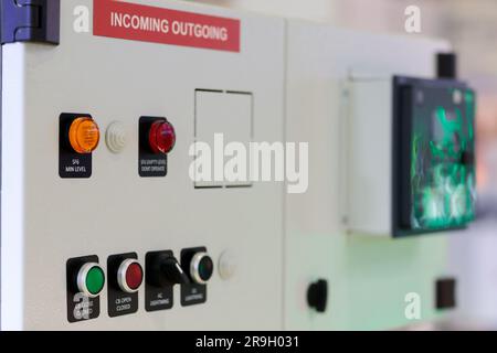 Enclosure with electrical control panel close up. Selective focus. Stock Photo