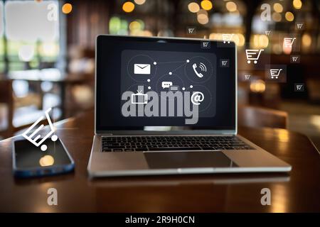 online shopping marketing concept digital internet network technology person using app advertisement data social global social media analysis communic Stock Photo