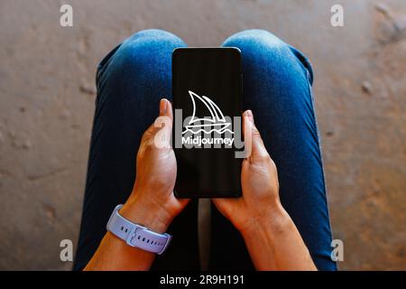Brazil. 26th June, 2023. In this photo illustration, the Midjourney logo is displayed on a smartphone mobile screen. Credit: SOPA Images Limited/Alamy Live News Stock Photo