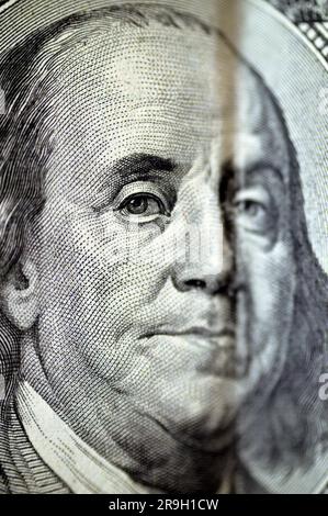 closeup 100 one hundred dollar banknote currency cash money old series with the portrait of president Benjamin Franklin on obverse and independence ha Stock Photo