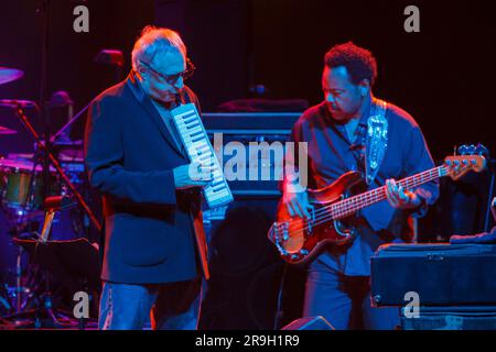 Donald Fagen of Jazz Rock Icons Steely Dan performs live in concert, Vector Arena, Auckland, New Zealand Stock Photo