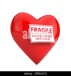 Red Heart with Fragile, Please Handle With Care Sign on a white background.  3d Rendering Stock Photo