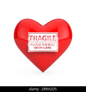 Red Heart with Fragile, Please Handle With Care Sign on a white background.  3d Rendering Stock Photo