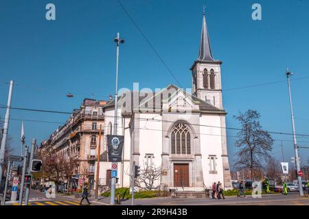 Geneva, Switzerland - MAR 25, 2022: Exterior of the Plainpalais temple located at avenue du Mail, Geneva, Switzerland. Stock Photo