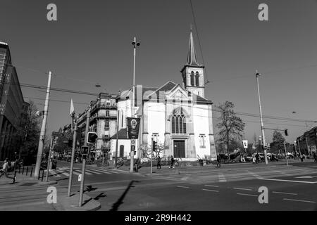 Geneva, Switzerland - MAR 25, 2022: Exterior of the Plainpalais temple located at avenue du Mail, Geneva, Switzerland. Stock Photo