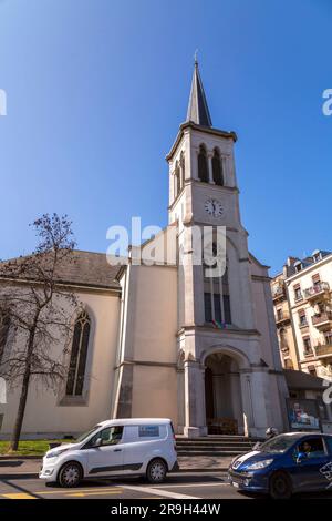 Geneva, Switzerland - MAR 25, 2022: Exterior of the Plainpalais temple located at avenue du Mail, Geneva, Switzerland. Stock Photo