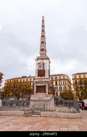 Malaga, Spain - FEB 27, 2022: Torrijos Monument dedicated to General Torrijos and 48 companions executed in 1831, located at the Plaza de la Merced. Stock Photo