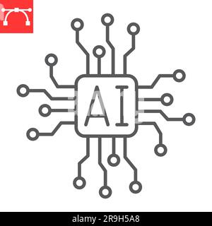 AI chip line icon, technology and artificial intelligence, embedded device vector icon, vector graphics, editable stroke outline sign, eps 10. Stock Vector
