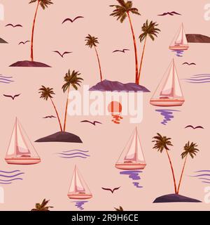 Sailboat tropical island, sunset, palms seamless pattern, vector illustration Stock Vector