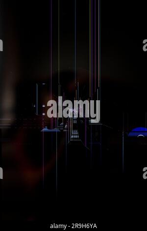 Broken Liquid Crystal Display screen with broken glass digital pattern on a black device screen background Stock Photo