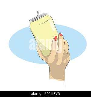 closeup hand of woman holding yellow tin can illustration vector hand drawn isolated on white background line art. Stock Vector