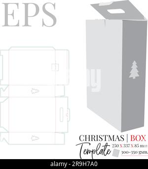 Christmas Gift Box with Christmas trees, Vector with die cut, laser cut layers. White blank Christmas box mock up isolated on white background Stock Vector