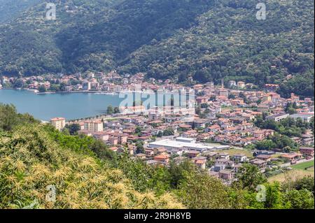 Panoramic aerial view of Porto Ceresio and Lake Lugano, Varese, Italy Stock Photo