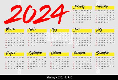 Calendar 2024 vector, simple fun minimalist design, international, monthly starts on Sunday Stock Vector