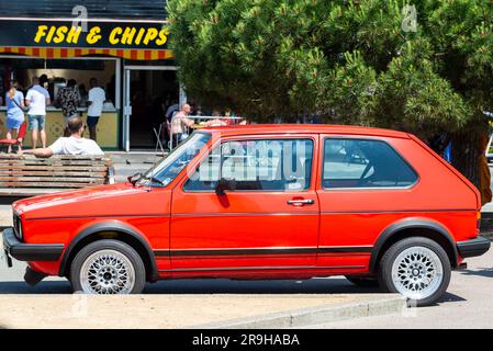 Classic VW Golf Mk1 on display after the London to Southend classic car run. On show on the seafront in Southend on Sea, Essex, UK Stock Photo