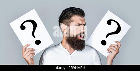 Man question, emotion. Man question. Male with question marks. Getting answers. Question mark, symbol. Concept - challenging issue, looking for the Stock Photo