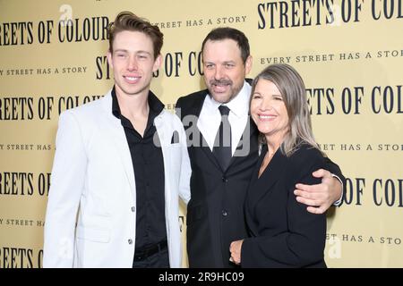 Sydney, Australia. 26th June 2023. World Premiere of ‘Streets of Colour’ red carpet arrivals at Hayden Orpheum Picture Palace, 380 Military Road, Cremorne NSW 2090. Pictured, L-R: Actor Elliot Giarola, Drew Pearson and Jennifer Birdsall. Credit: Richard Milnes/Alamy Live News Stock Photo