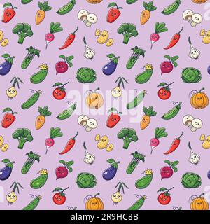 Vegetables seamless pattern with kawaii characters on lilac background. Perfect for vegan, vegetarian, wallpaper, food backdrop, fabric, wrapping paper, textile. Cartoon vector illustration. Stock Vector