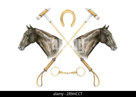 Minimalistic watercolor illustrations of horse portrait, golden horseshoes, snaffles and horse polo sticks , isolated. Illustration on the theme of Stock Photo