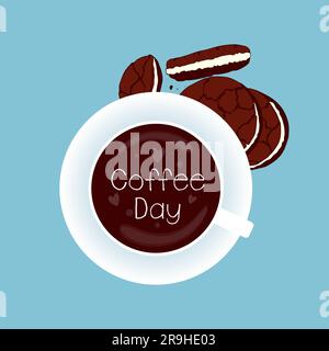 Coffee Day poster, blue banner, cup coffee and chocolate cookie. Vector illustration Stock Vector