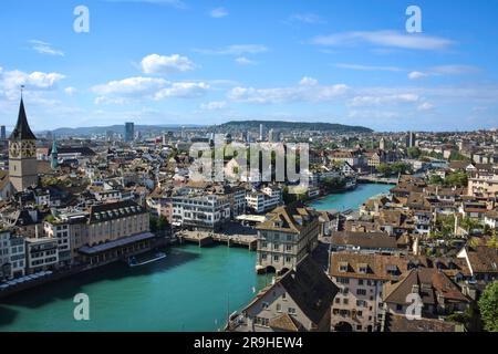 Aerial View of Limmat River Banks in Zurich, Switzerland Stock Photo