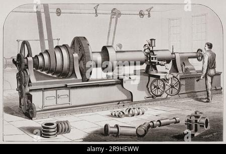 19th century flat bed lathe. After an illustration in Appletons' Cyclopaedia of Applied Mechanics, published 1880. Stock Photo