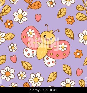 Cute seamless pattern with funny butterfly character on purple background with flowers and hearts. Groovy vector Illustration for wallpaper, design Stock Vector