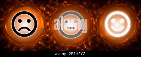 Circles with faces representing positive, negative and neutral grade, emotion. Abstract background. 3d illustration. Stock Photo