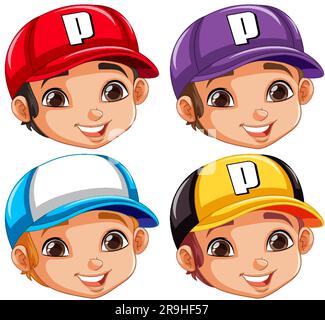 Set of boy wearing baseball hat illustration Stock Vector