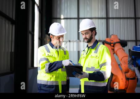 Engineer work at robotic arm factory. Technology and engineering concept. Stock Photo