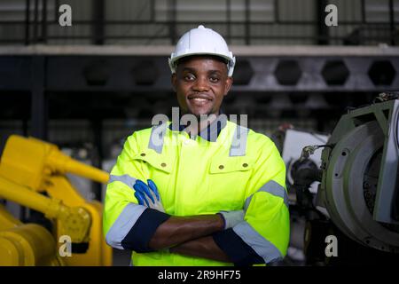 Engineer work at robotic arm factory. Technology and engineering concept. Stock Photo