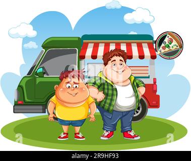 Two Fat Men in Front of Food Truck illustration Stock Vector