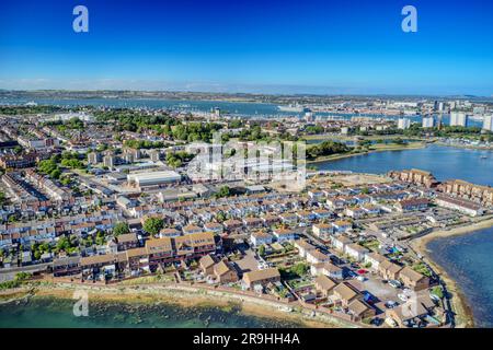 Haslar lake and Gosport in Hampshire looking towards Portsmouth harbour. Aerial view. Stock Photo