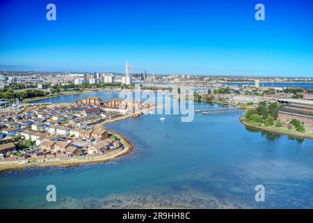 Haslar lake in Gosport towards Haslar Marina and Portsmouth harbour. Aerial photo. Stock Photo