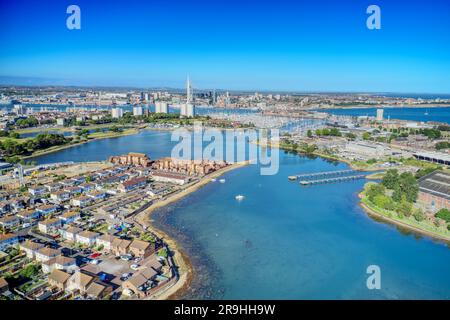 Haslar lake in Gosport towards Haslar Marina and Portsmouth harbour. Aerial view. Stock Photo