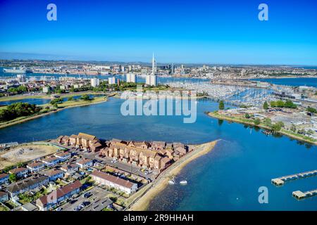 Aerial over Haslar lake in Gosport towards Haslar Marina and Portsmouth harbour. Stock Photo