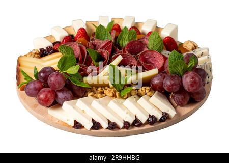 Cold Smoked Meat Plate isolated on white background. antipasto set platter wooden plate. Antipasto board with sliced meat, ham, salami, cheese. Side v Stock Photo