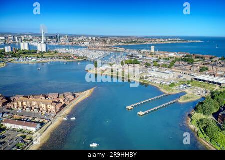 Aerial over Haslar lake in Gosport towards Haslar Marina and Portsmouth, Stock Photo