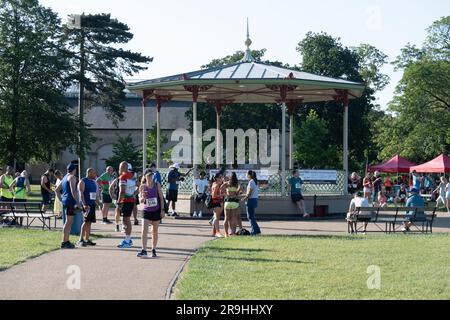 Runners in the Pump Room Gardens before the Leamington Spa Half Marathon. Stock Photo