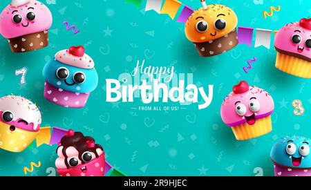 Happy birthday text vector design. Birthday text with cute and cupcakes in doodle blue background for card and invitation template. Vector Stock Vector