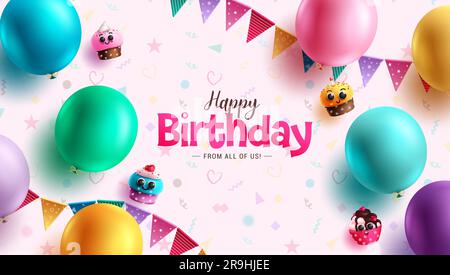 Happy birthday text vector design. Birthday greeting in doodle background with party elements like balloons and cupcakes. Vector illustration Stock Vector