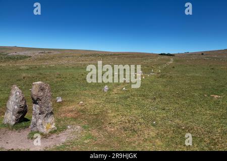 Merrivale Prehistoric Settlement, western Dartmoor, Princetown, Yelverton, Devon, England, UK: neolithic stone rows, stone circles and monuments Stock Photo