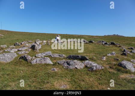 Merrivale Prehistoric Settlement, western Dartmoor, Princetown, Yelverton, Devon, England, UK: Bronze Age stone hut circle Stock Photo