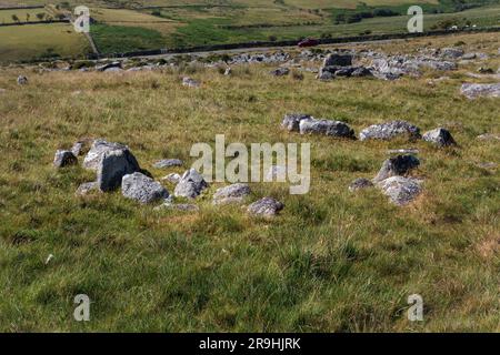 Merrivale Prehistoric Settlement, western Dartmoor, Princetown, Yelverton, Devon, England, UK: Bronze Age stone hut circle Stock Photo