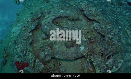 Close up of ship pipe with coat of arms ferry Salem Express shipwreck, Red sea, Safaga, Egypt Stock Photo