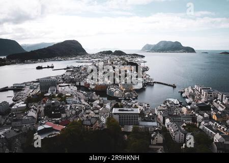 An aerial view of Alesund port town in Norway. Stock Photo