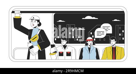 Commuters in metro wagon flat line concept vector spot illustration Stock Vector